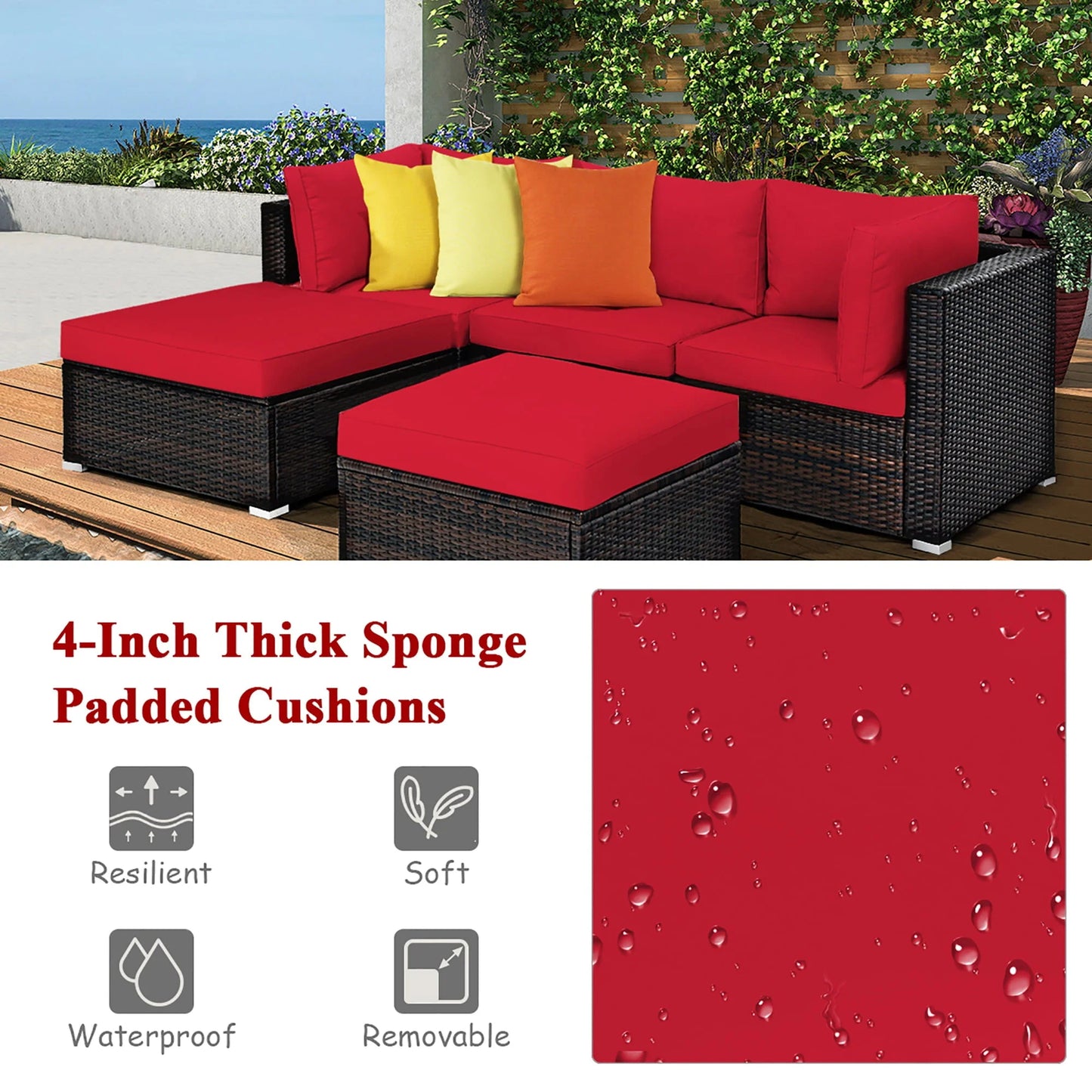 Costway 5PCS Patio Rattan Furniture Set Sectional Conversation Set Ottoman Table Red