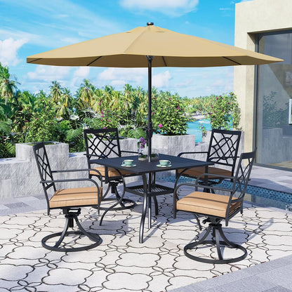 SUNCROWN 7-Piece Outdoor Wrought Iron Chairs and Table Patio Dining Furniture Set - 6 Stackable Metal Chairs, 1 Steel Slat Bistro Table and 1 Brown 9Ft Patio Umbrella for Garden Backyard Deck