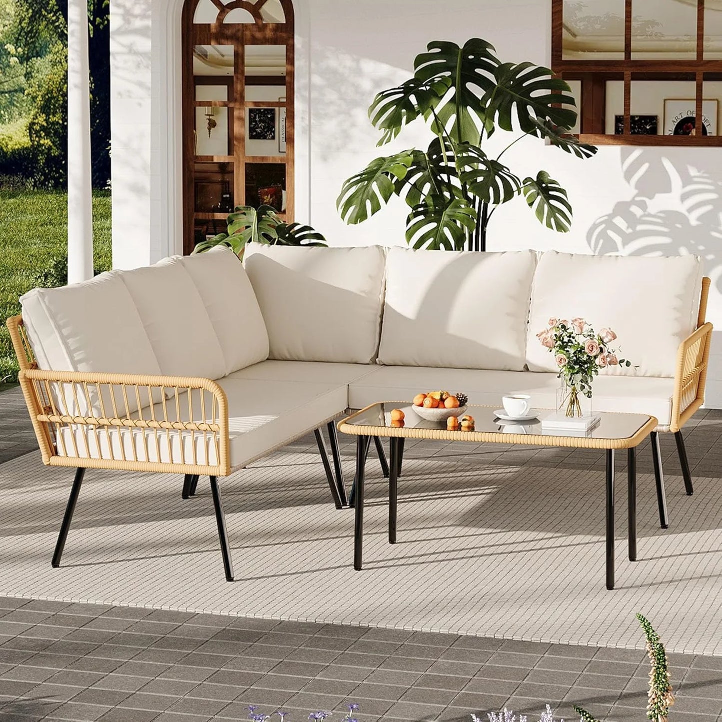 4 Pieces Patio Furniture Set, All-Weather Rattan Outdoor Conversation Sectional L-Shaped Sofa with Thickness Cushions and Side Table, Boho Seat Patio Sofa for Balcony, Backyard, Deck, Poolside