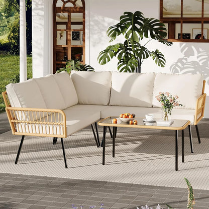 4 Pieces Patio Furniture Set, All-Weather Rattan Outdoor Conversation Sectional L-Shaped Sofa with Thickness Cushions and Side Table, Boho Seat Patio Sofa for Balcony, Backyard, Deck, Poolside