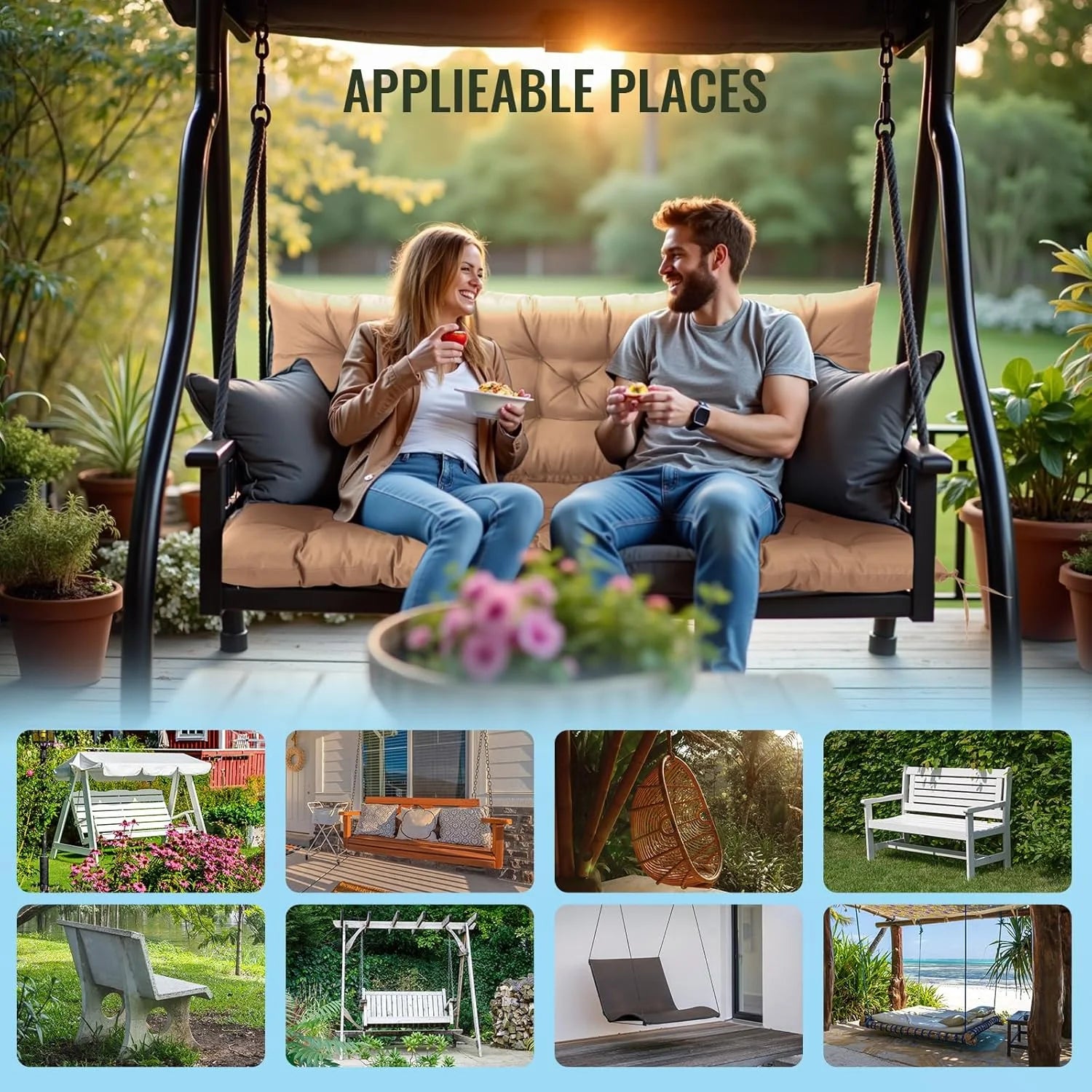 NACATIN 3 Seat Cushion for Outdoor Swing - 60x40 inches, 4" Thick Porch Swing Cushions with Ties and Storage Bag, Waterproof Bench Replacement Cushions for Patio, Outdoor, Backyard and Garden (Khaki)