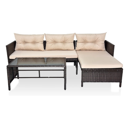 Outdoor Patio Furniture Set of 3, Rattan Wicker Outdoor Swivel Glider Rocker w/Table and Cushions, Brown