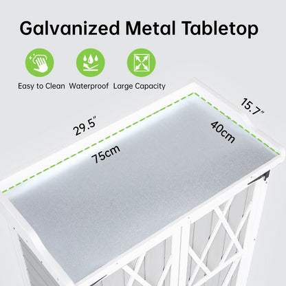 Garden Potting Bench Table,Outdoor Garden Horticultural Wooden Storage Cabinet & Wood Planting Work Bench with Adjustable Shelf & Metal-Plated Tabletop,Double-Door Work Bench for Backyard Patio Lawn