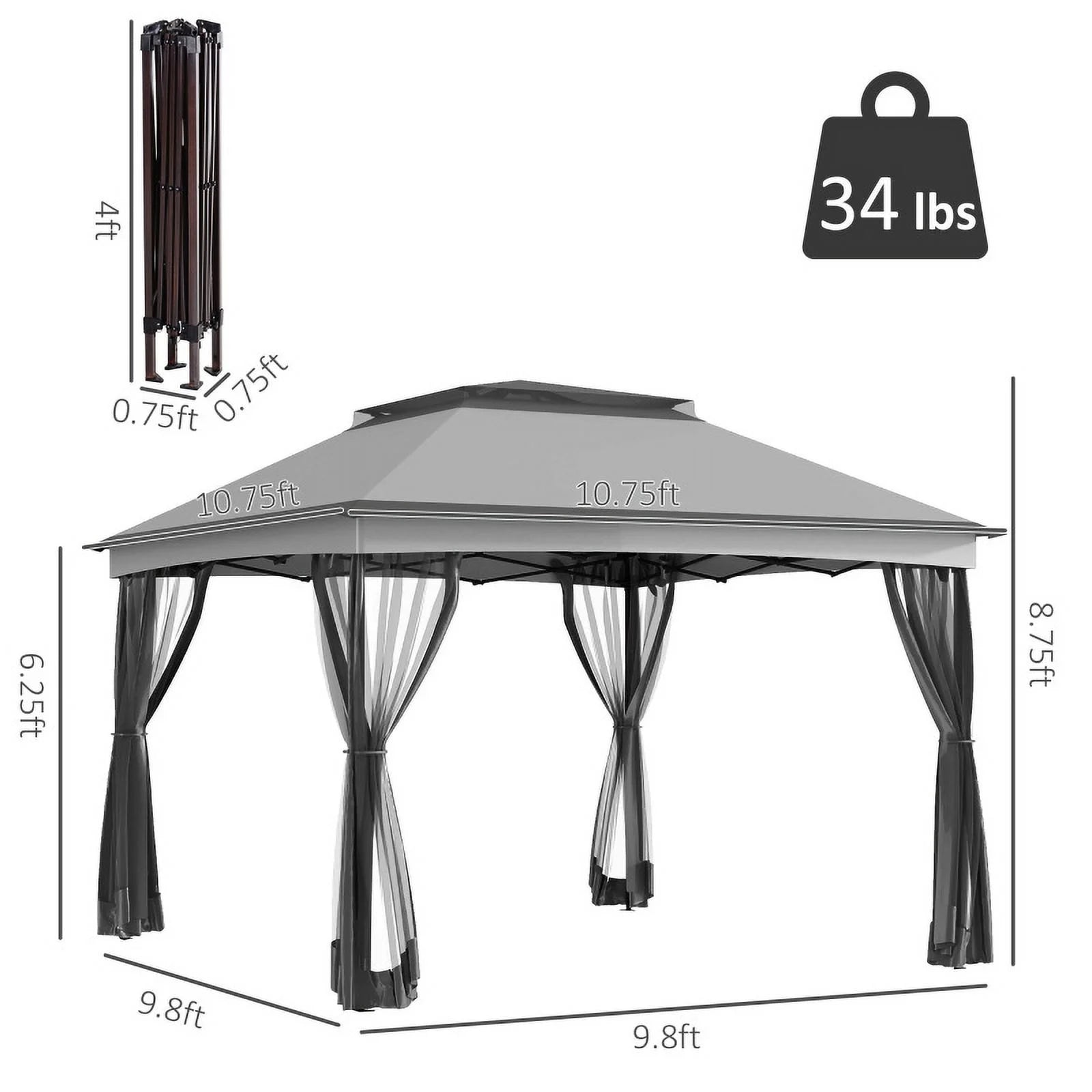 Outsunny 11' x 11' Pop Up Canopy, Outdoor Patio Gazebo Shelter with Removable Zipper Netting, Instant Event Tent w/114 Square Feet of Shade and Carry Bag for Backyard, Garden, Light Gray On-Site