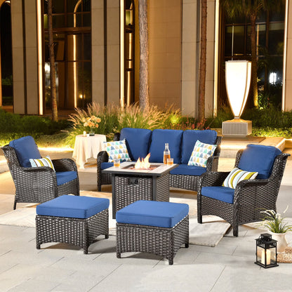 Ovios 6 Pieces Outdoor Furniture with CSA Fire Pit Wicker Patio Conversation Set All Weather Sectional Sofa for Porch