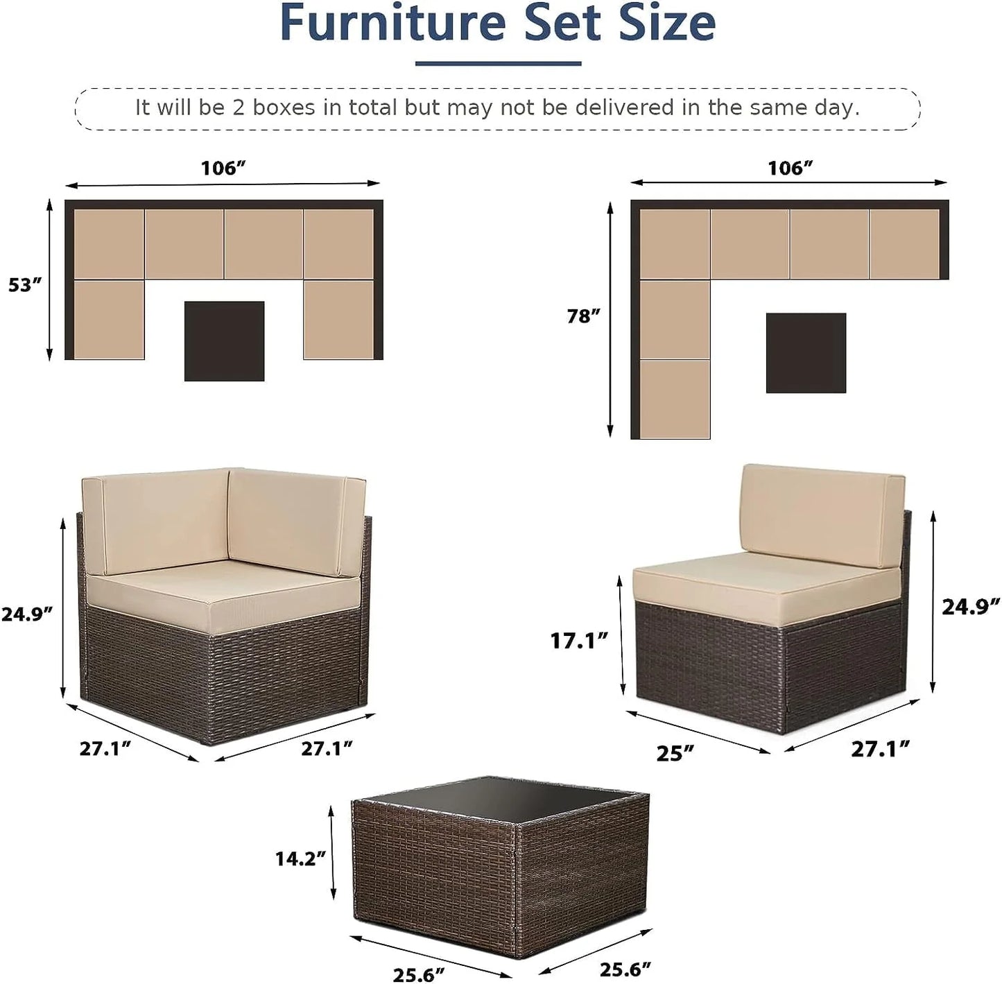 YODOLLA 7-Piece Outdoor Furniture Set, Rattan Wicker Sectional Sofa Couch Patio Conversation Set with Table In Beige