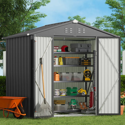 8' x 6' Outdoor Storage Shed, Lofka Garden Metal Shed with Double Lockable Doors and Air Vents for Patio, Garden, Backyard, Lawn, Gray