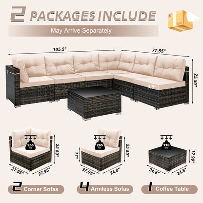 7 Piece Rattan Sectional Sofa Set, Outdoor Conversation Set, All-Weather Wicker Sectional Seating Group with Cushions & Coffee Table, Morden Furniture Couch Set for Patio Deck Garden Pool