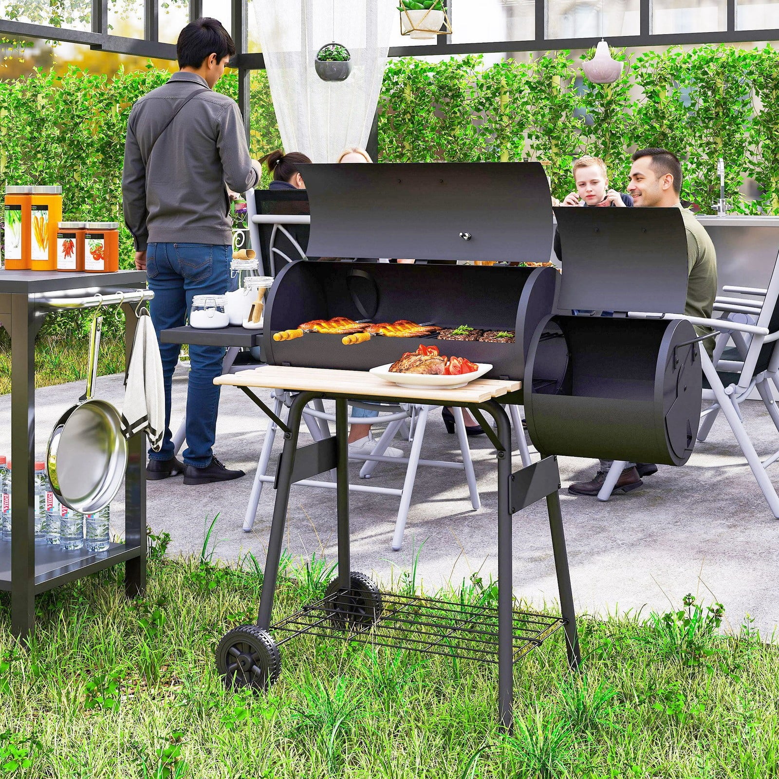 BNDFTF Black Multifunctional Charcoal Grill, Offset Smoker & BBQ Combo, with Front/Side Shelves, Lid Thermometer & Wooden Heat-Resistant Handles, for Outdoor Patio