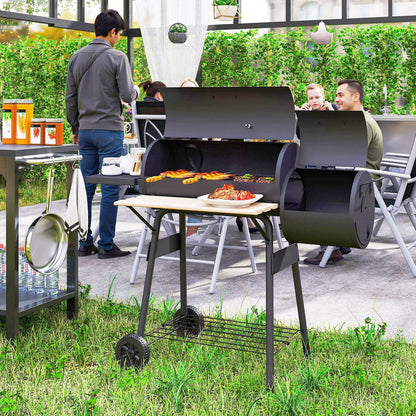 BNDFTF Black Multifunctional Charcoal Grill, Offset Smoker & BBQ Combo, with Front/Side Shelves, Lid Thermometer & Wooden Heat-Resistant Handles, for Outdoor Patio