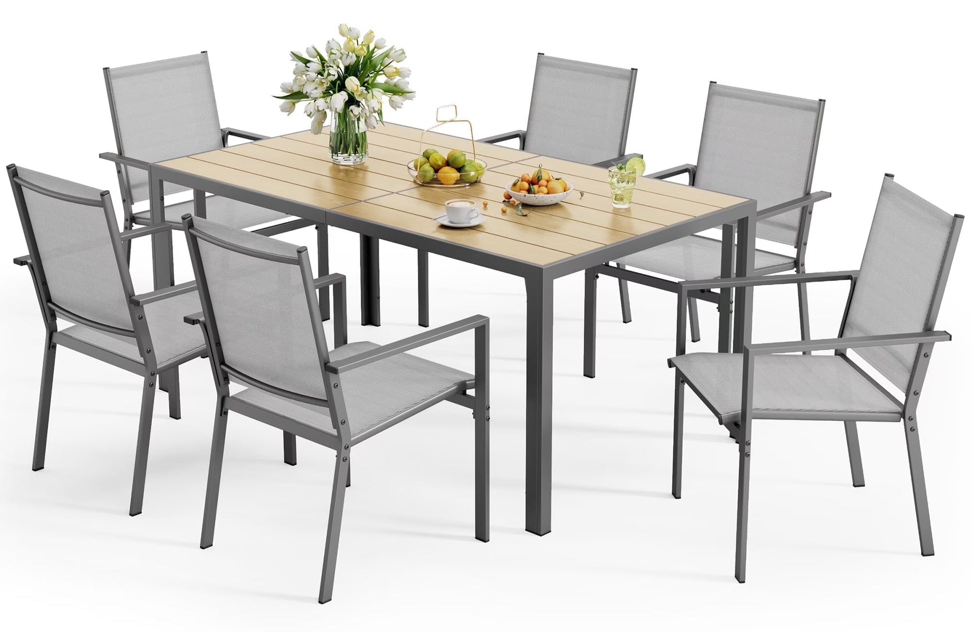 Outdoor Dining Set, Lofka 7 Piece Patio Dining Table Set for 6 Persons with Cool Textilene Armchairs for Backyard & Garden, Brown