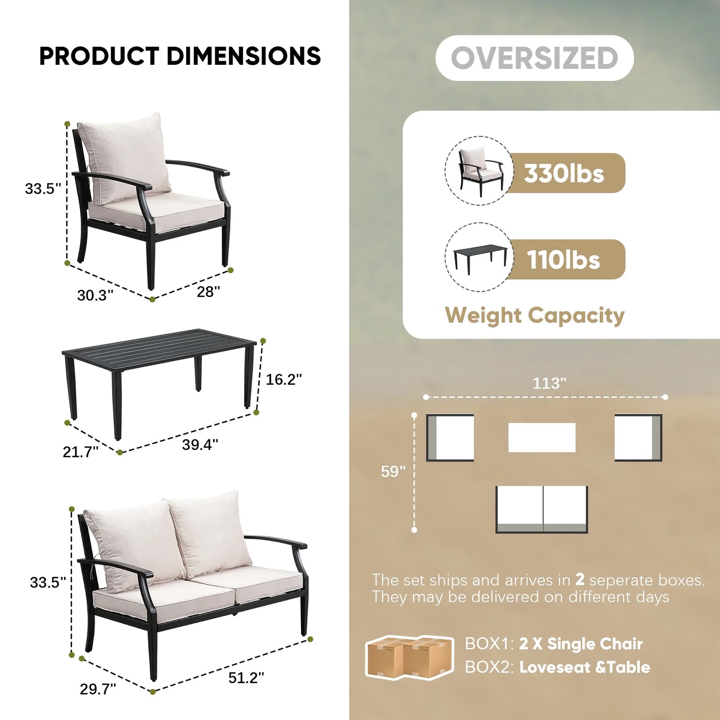 JOYURE 4 pieces Patio Furniture Set w/loveseat,Coffe Table,Outdoor Conversation Metal Sofa with High Back and Thick Cushion,for Backyard,Garden,Beige