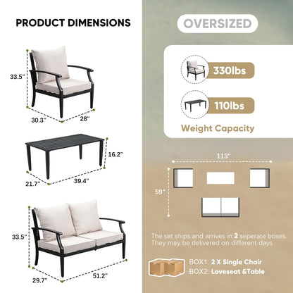 JOYURE 4 pieces Patio Furniture Set w/loveseat,Coffe Table,Outdoor Conversation Metal Sofa with High Back and Thick Cushion,for Backyard,Garden,Beige