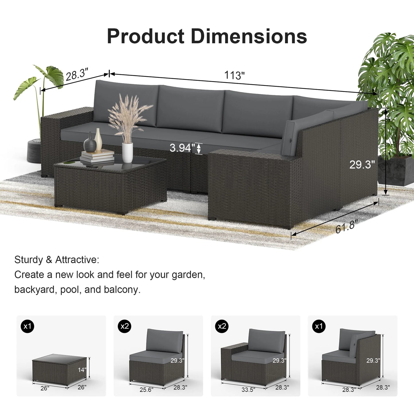 Phonjoroo 13 Pieces Outdoor Patio Furniture Set with 42? Fire Pit Table, Rattan Patio Sectional Sofa Conversation Set w/50000 BTU Propane Fire Pit and Coffee Table for Garden, Backyard