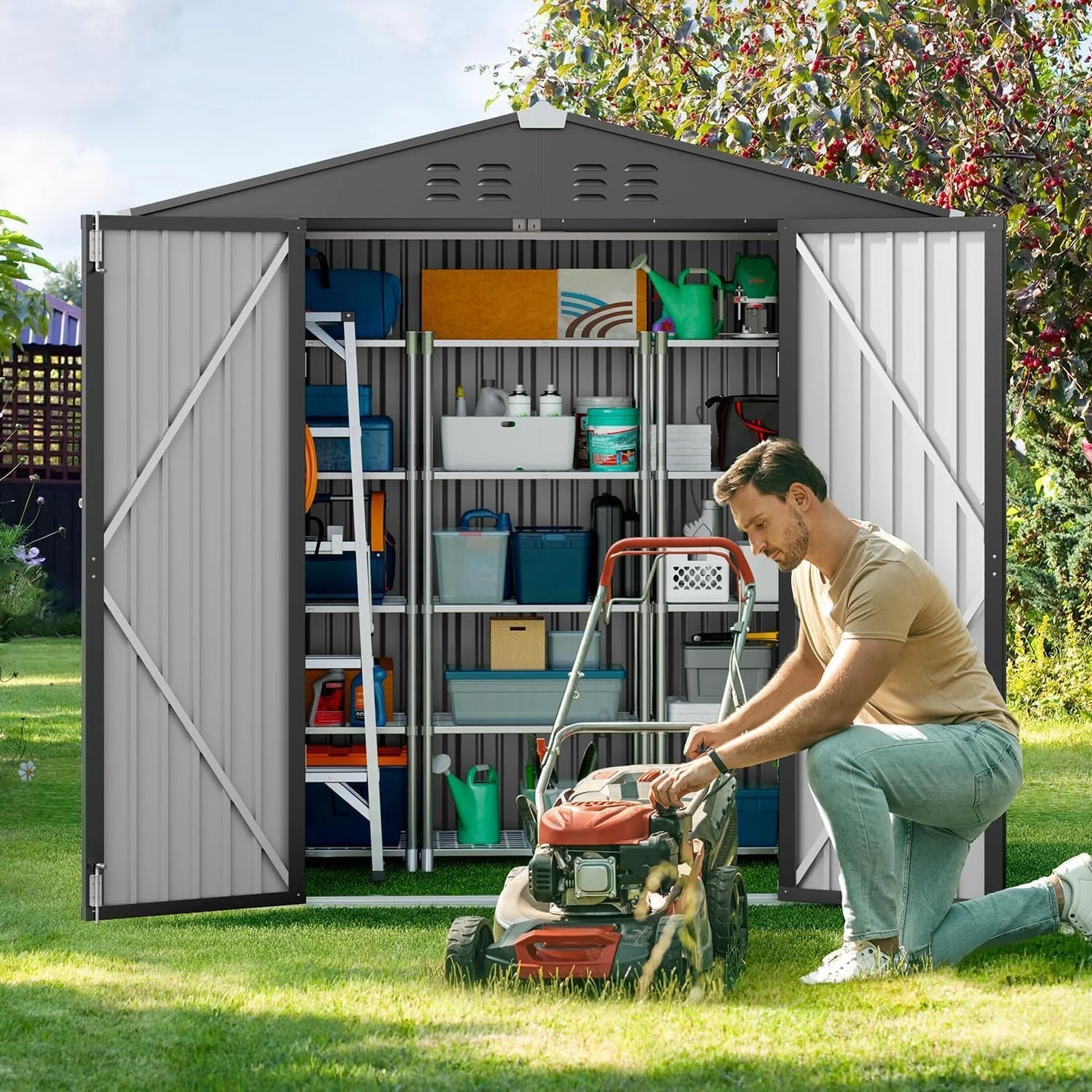 Lofka 6 x 4 FT Galvanized Metal Outdoor Storage Shed with Double Lockable Doors and Air Vents for Patio, Garden, Backyard, Lawn, Dark Gray