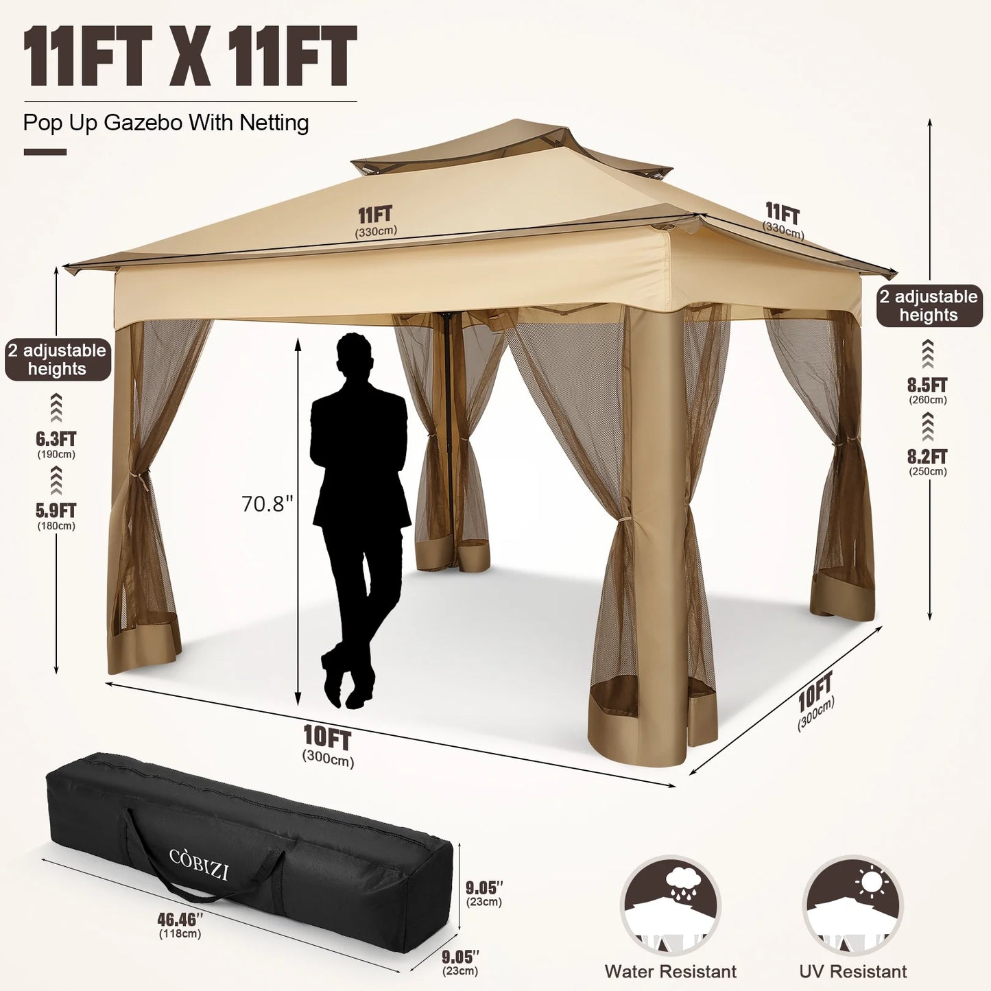 COBIZI 11x11 Pop up Gazebo Outdoor Canopy Gazebo Patio Gazebo with Mosquito Netting Canopy Shelter with 121 Square feet of Shade for Poolside, Garden, Party and Backyard, Khaki
