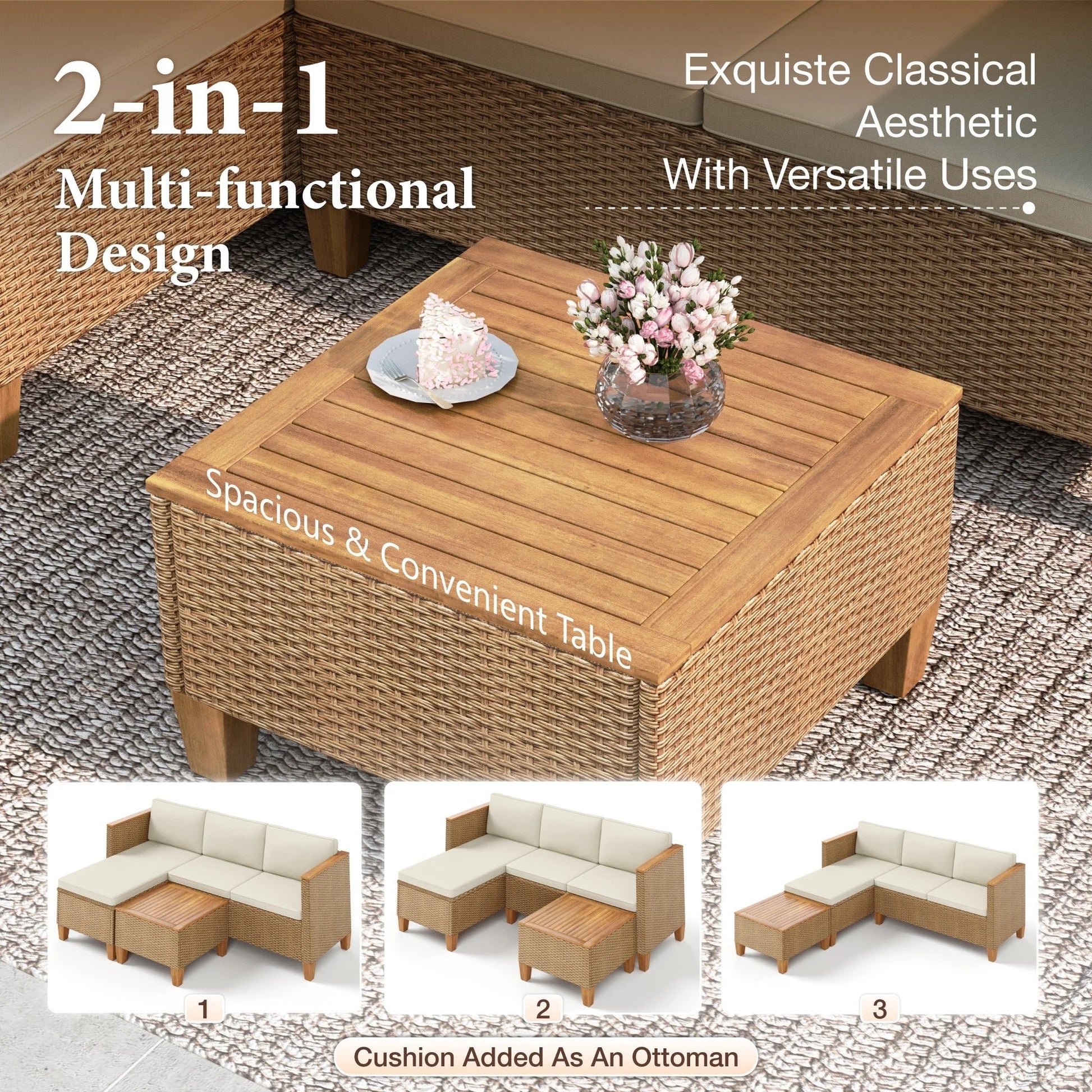 MF Studio 3-Piece Patio Furniture Conversation Set, All-Weather Wicker Outdoor Sectional Sofa Set with Table & Cushions, Beige