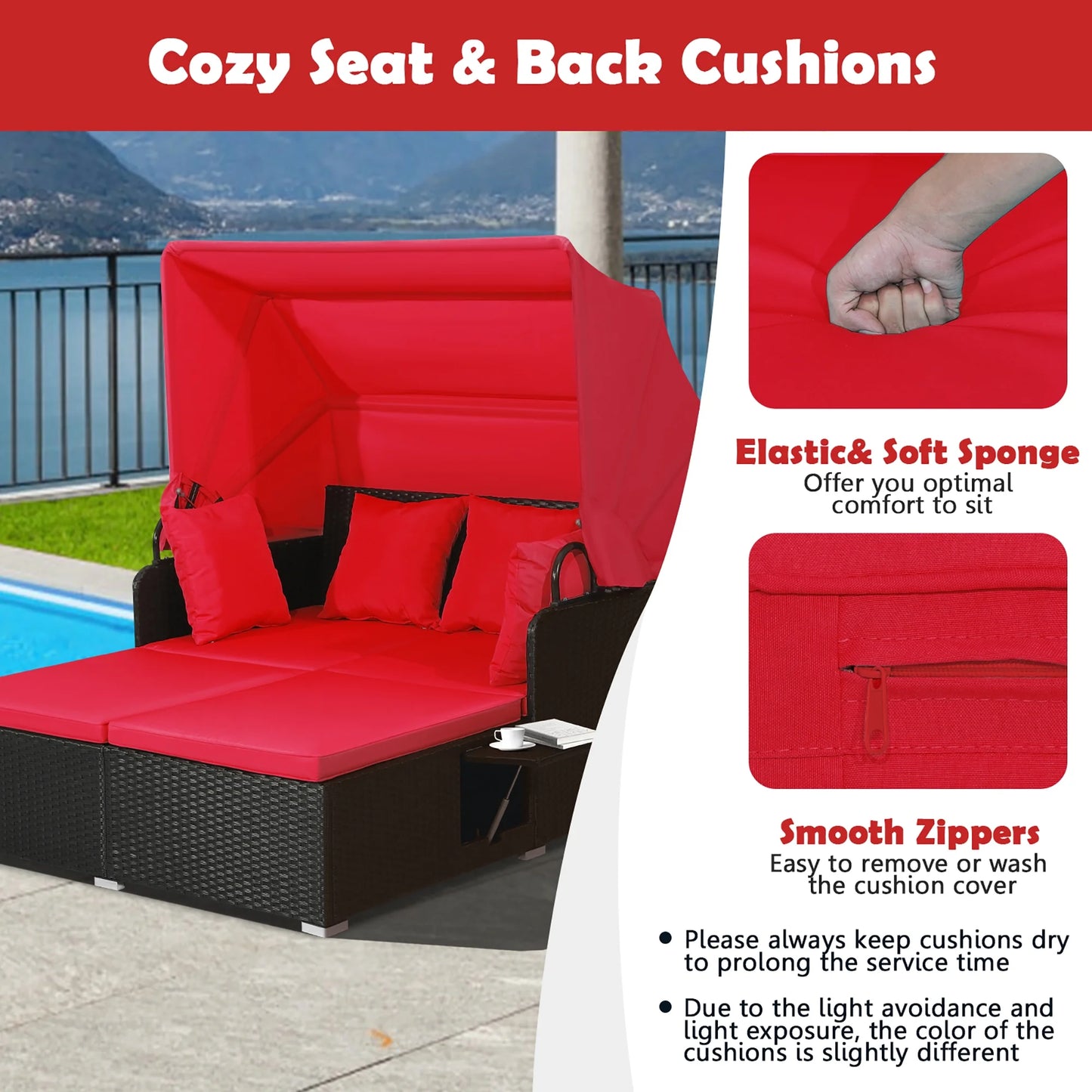 Costway Patio Rattan Daybed Lounge Retractable Top Canopy Side Tables Cushions Red