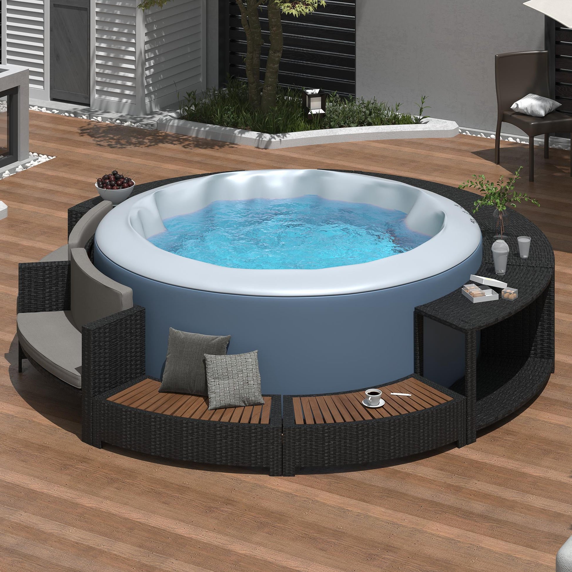 Round Hot Tub Surround Furniture, Spa Surround Outdoor Rattan Sectional Sofa Set with Mini Sofa, Solid Acacia Wood Hot Tub Storage Surround Patio Furniture Set, Gray Cushion