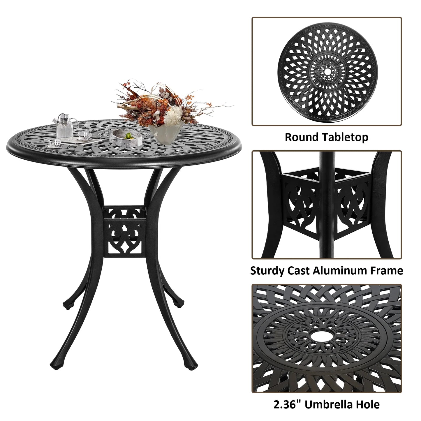 30.3 Inch Round Patio Table Cast Aluminum Patio Table,Metal Patio Dining Table with Umbrella Hole,All Weather Outdoor Bistro Dining Table for Backyard, Garden, Balcony, Black