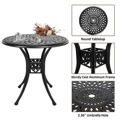30.3 Inch Round Patio Table Cast Aluminum Patio Table,Metal Patio Dining Table with Umbrella Hole,All Weather Outdoor Bistro Dining Table for Backyard, Garden, Balcony, Black