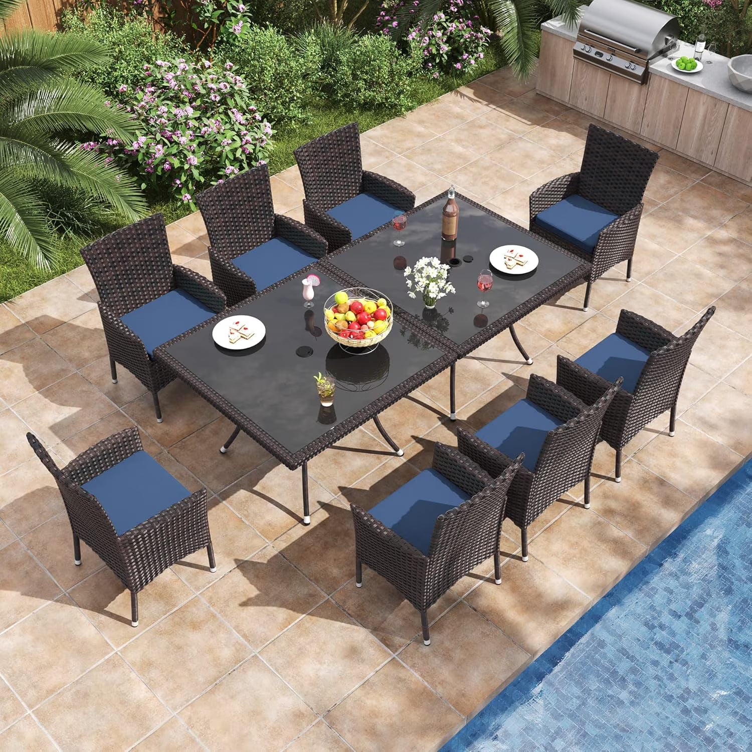 ALAULM 5 Pieces Patio Dining Set Outdoor Rattan Furniture with Square Glass Tabletop 4 Chairs with Cushions for Patio, Backyard Outdoor Kitchen Lawn & Garden Blue