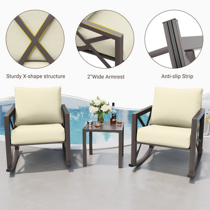 MRUAKA Rocking Chair Bistro Set,3 Piece Outdoor Patio Furniture Set with 2 Rockers and 1 Metal Coffee Table with Thick Cushions for Porch,Backyard,Poolside,Beige