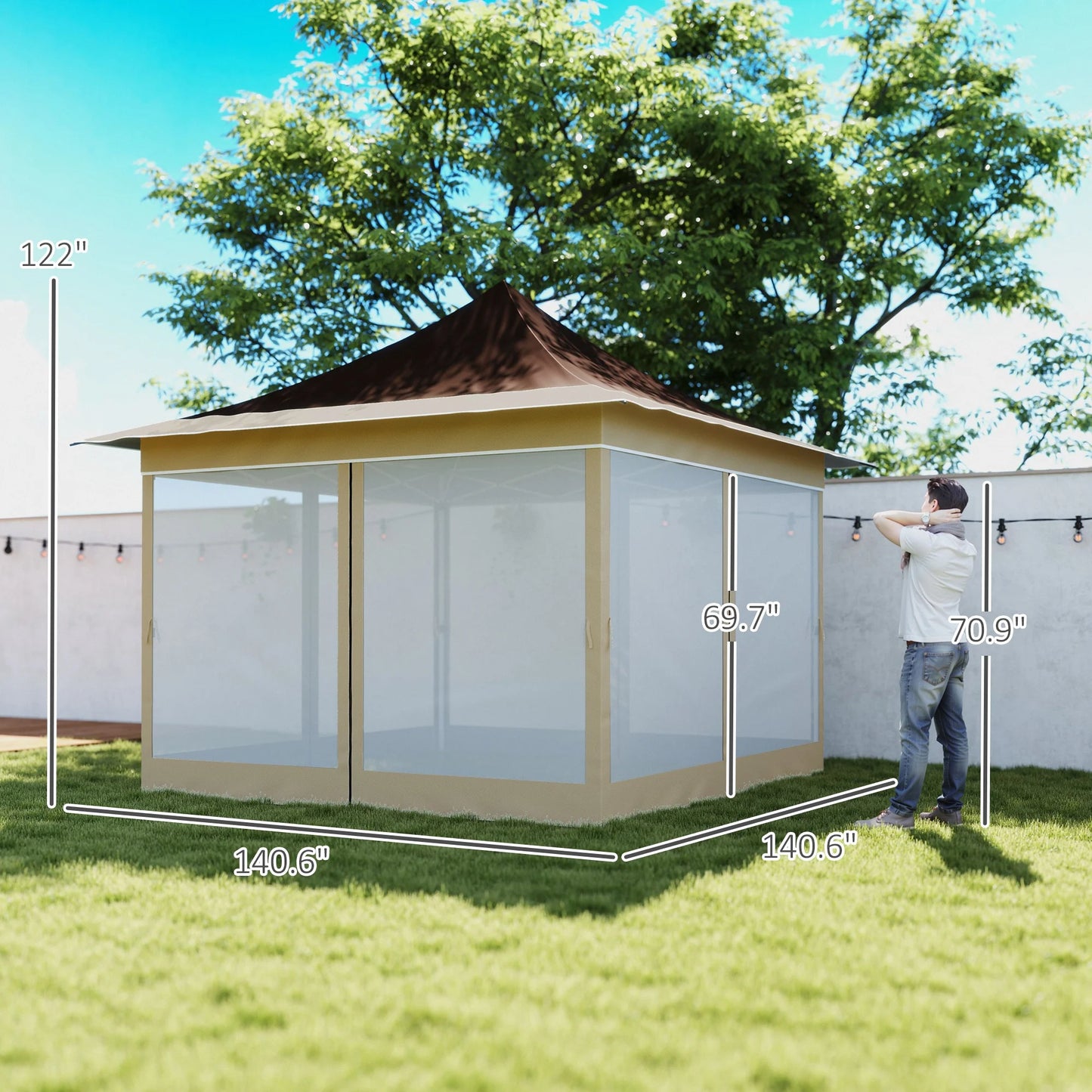 Homiyad 12' x 12' Canopy Tent with Mesh Netting, UPF50+ Pop Up Tent with Carry Bag for Garden, Patio, Brown