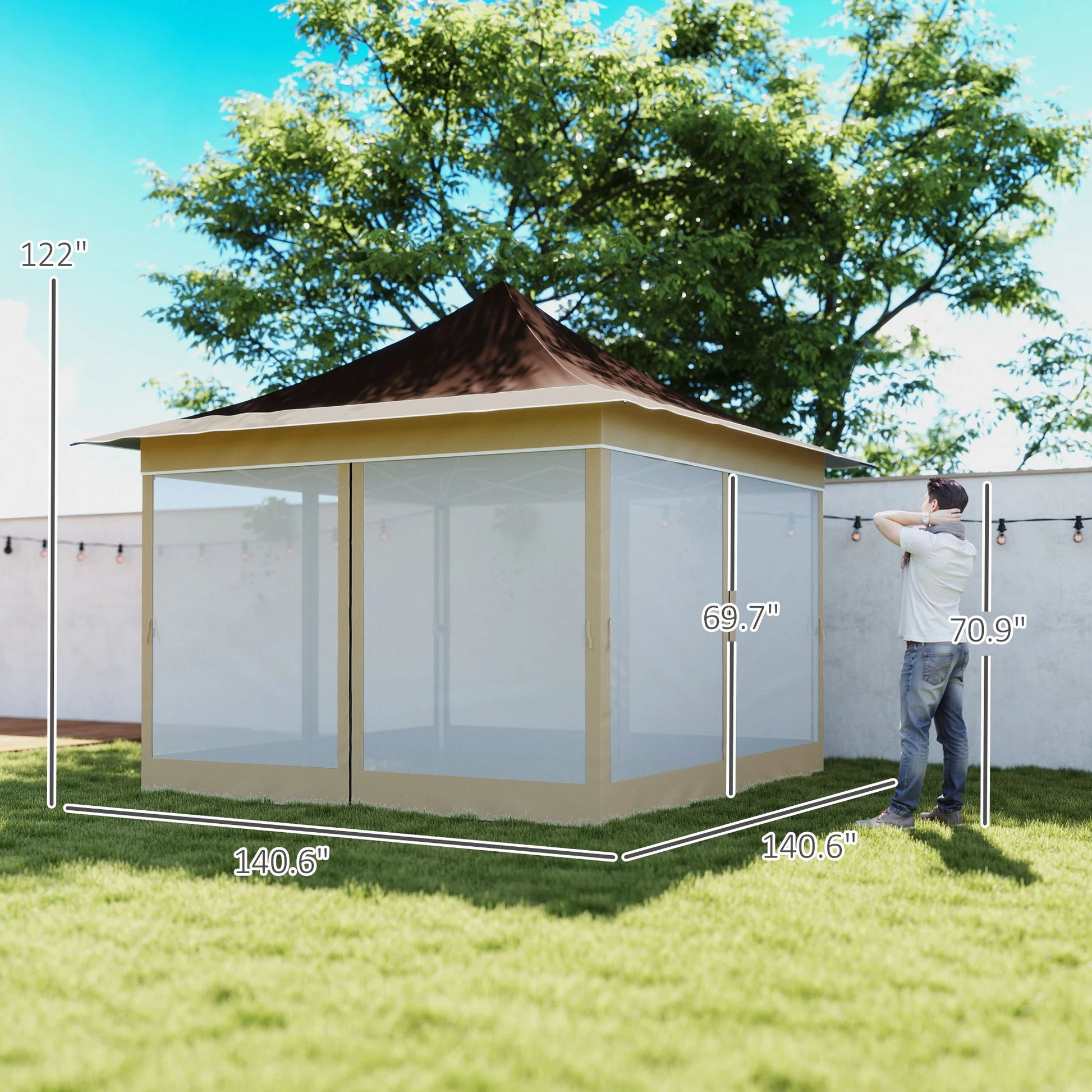 Homiyad 12' x 12' Canopy Tent with Mesh Netting, UPF50+ Pop Up Tent with Carry Bag for Garden, Patio, Brown