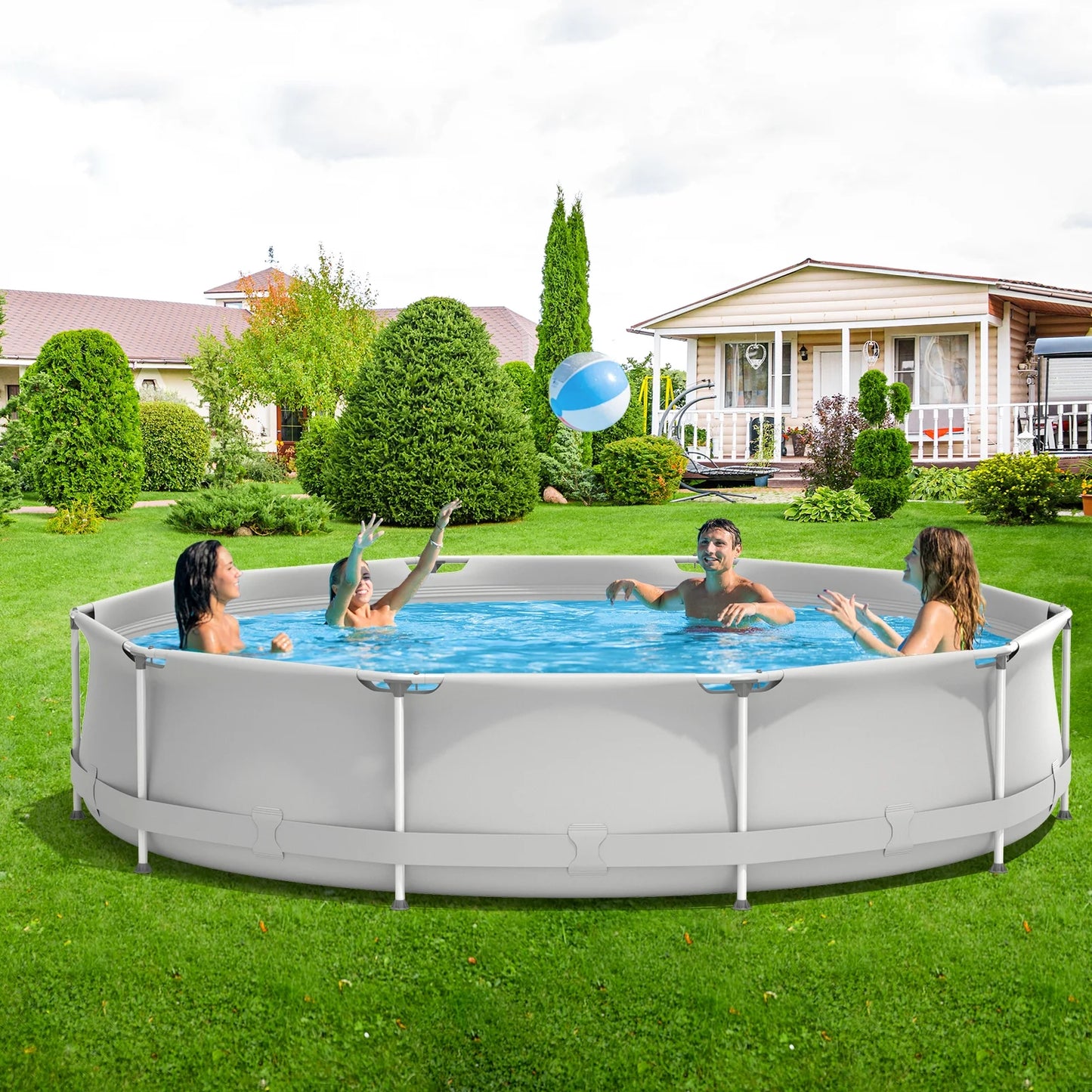 Infans Round Above Ground Swimming Pool Patio Frame Pool W/Pool Cover Iron Frame Blue