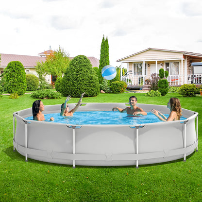 Infans Round Above Ground Swimming Pool Patio Frame Pool W/Pool Cover Iron Frame Blue