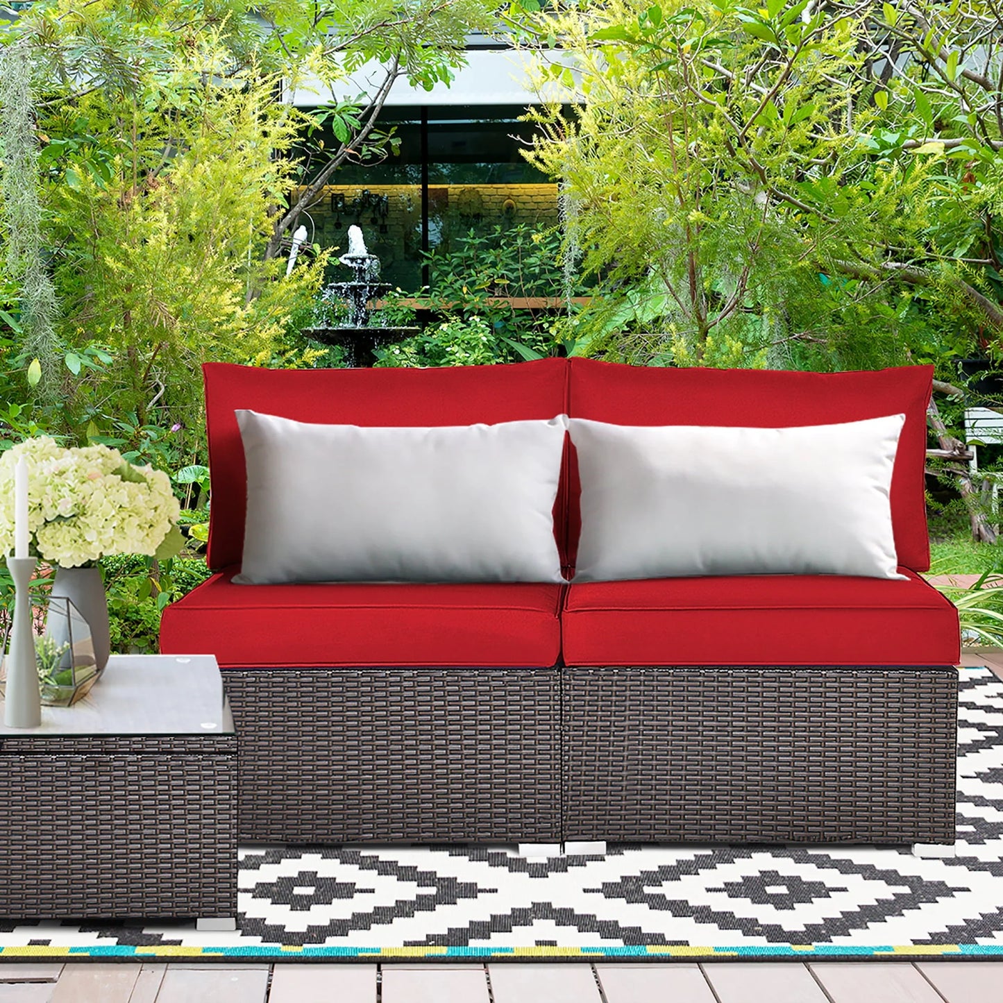 Costway 2PCS Patio Rattan Armless Sofa Sectional Conversation Furniture Set W/Cushion Red