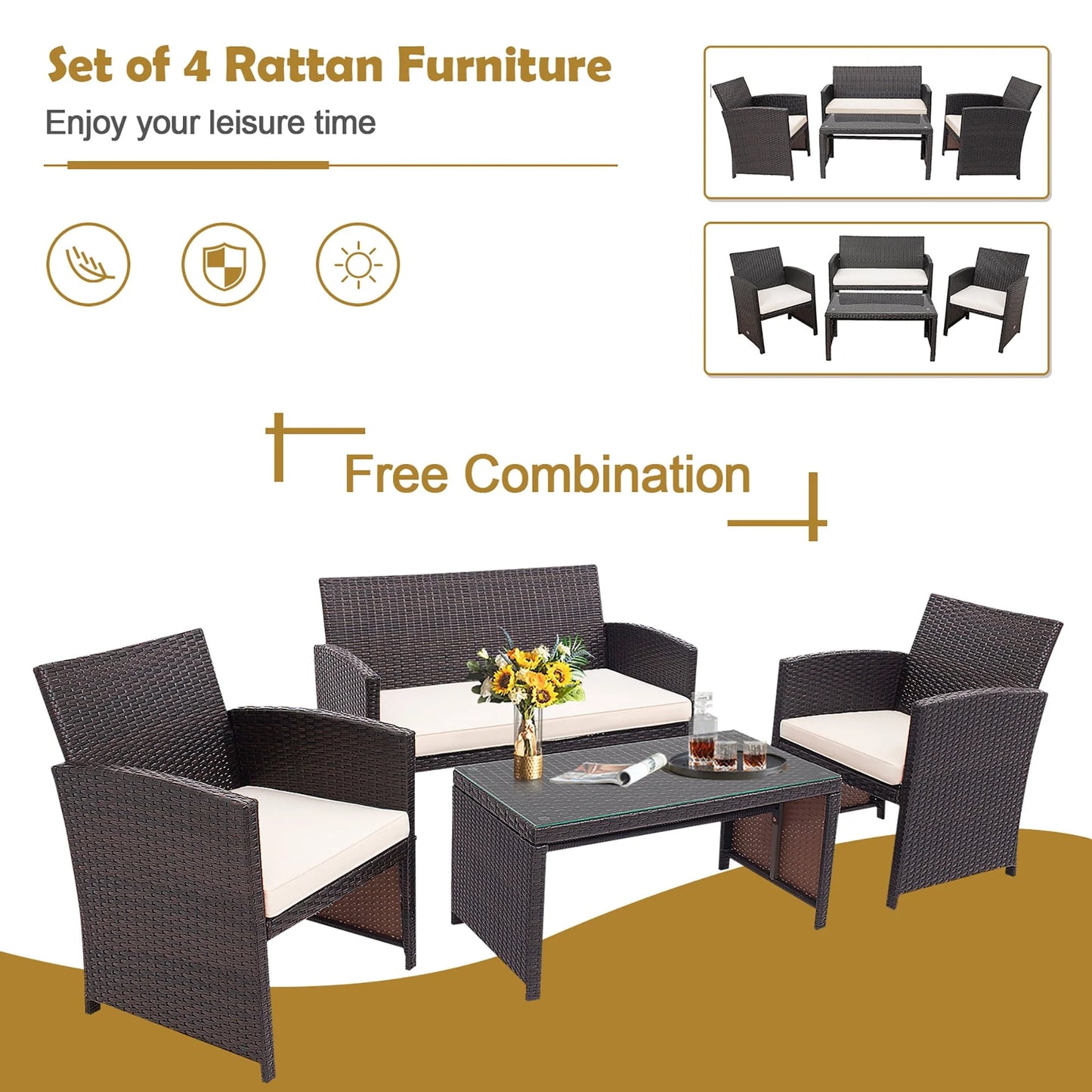 Costway 4PCS Patio Rattan Furniture Set Cushioned Chair Sofa Coffee Table White Modern Outdoor Furniture Set For Four