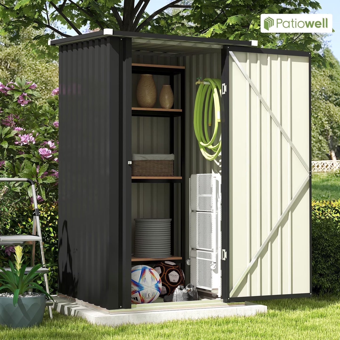 Patiowell 3?3FT Metal Outdoor Storage Shed with Sloping Roof and Single Lockable Door, Black