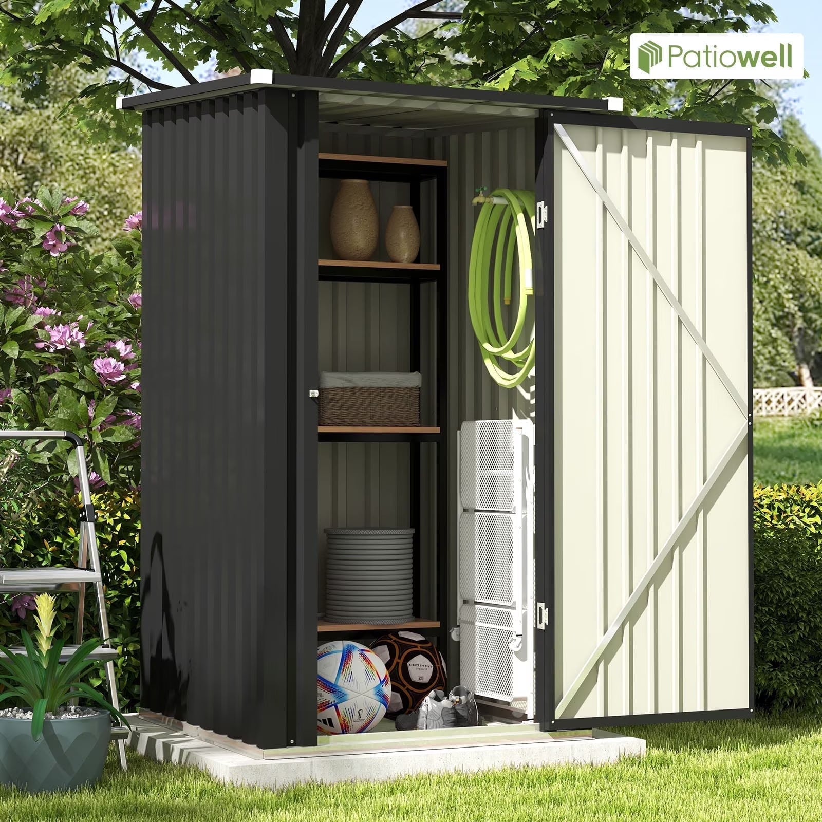 Patiowell 3?3FT Metal Outdoor Storage Shed with Sloping Roof and Single Lockable Door, Black