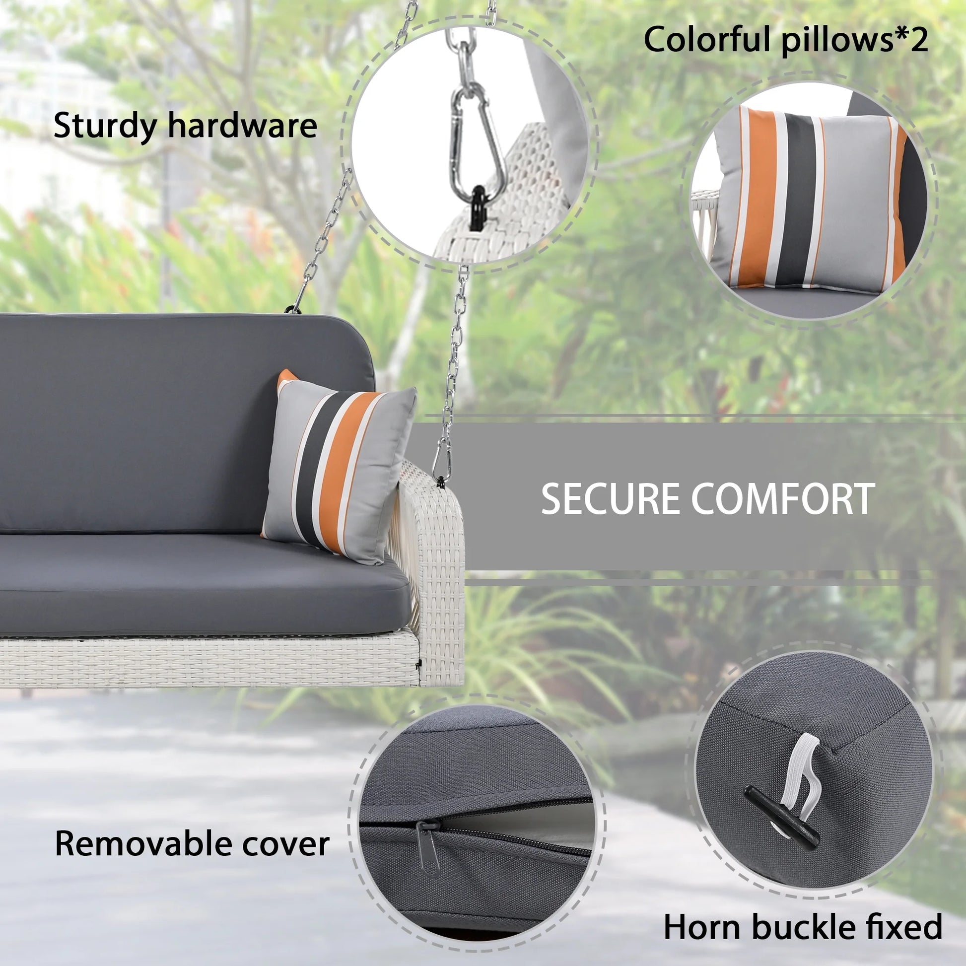 Harper & Bright Designs PE Ratten Porch Swing Chair, 2-Seater Hanging Swing Bench with Chains, All Weather Design Patio Furniture Swing for Backyard Garden Poolside, Grey and White