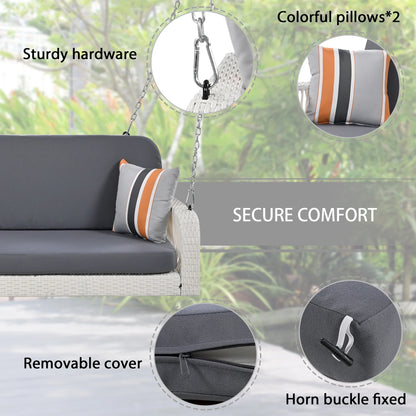 Harper & Bright Designs PE Ratten Porch Swing Chair, 2-Seater Hanging Swing Bench with Chains, All Weather Design Patio Furniture Swing for Backyard Garden Poolside, Grey and White