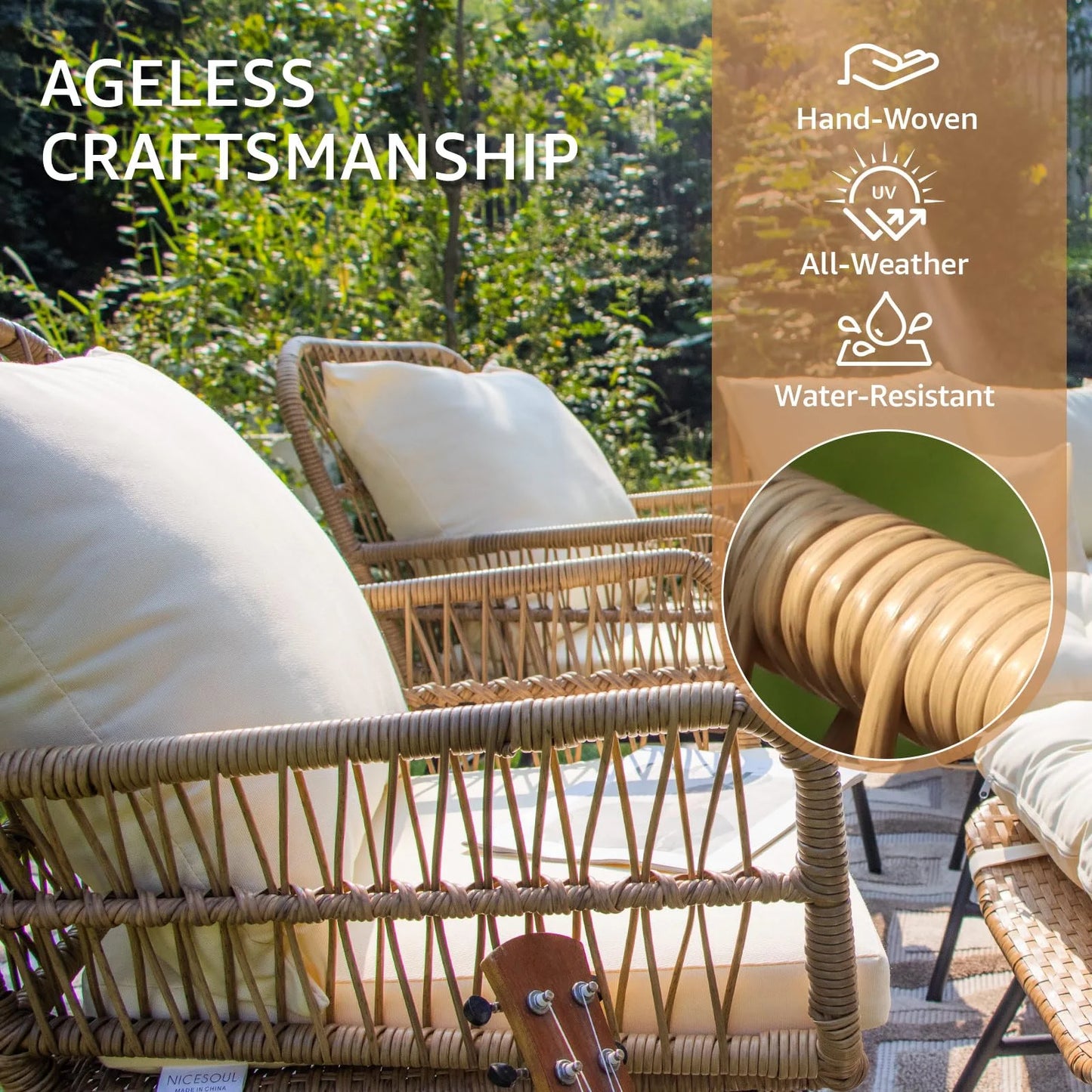 RADIATA 6-Piece Boho Patio Furniture Set, Outdoor Wicker Sectional Sofa Conversation Set with Ice Bucket & Coffee Table, 500lbs Capacity, Beige