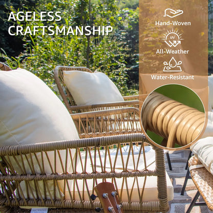 RADIATA 6-Piece Boho Patio Furniture Set, Outdoor Wicker Sectional Sofa Conversation Set with Ice Bucket & Coffee Table, 500lbs Capacity, Beige