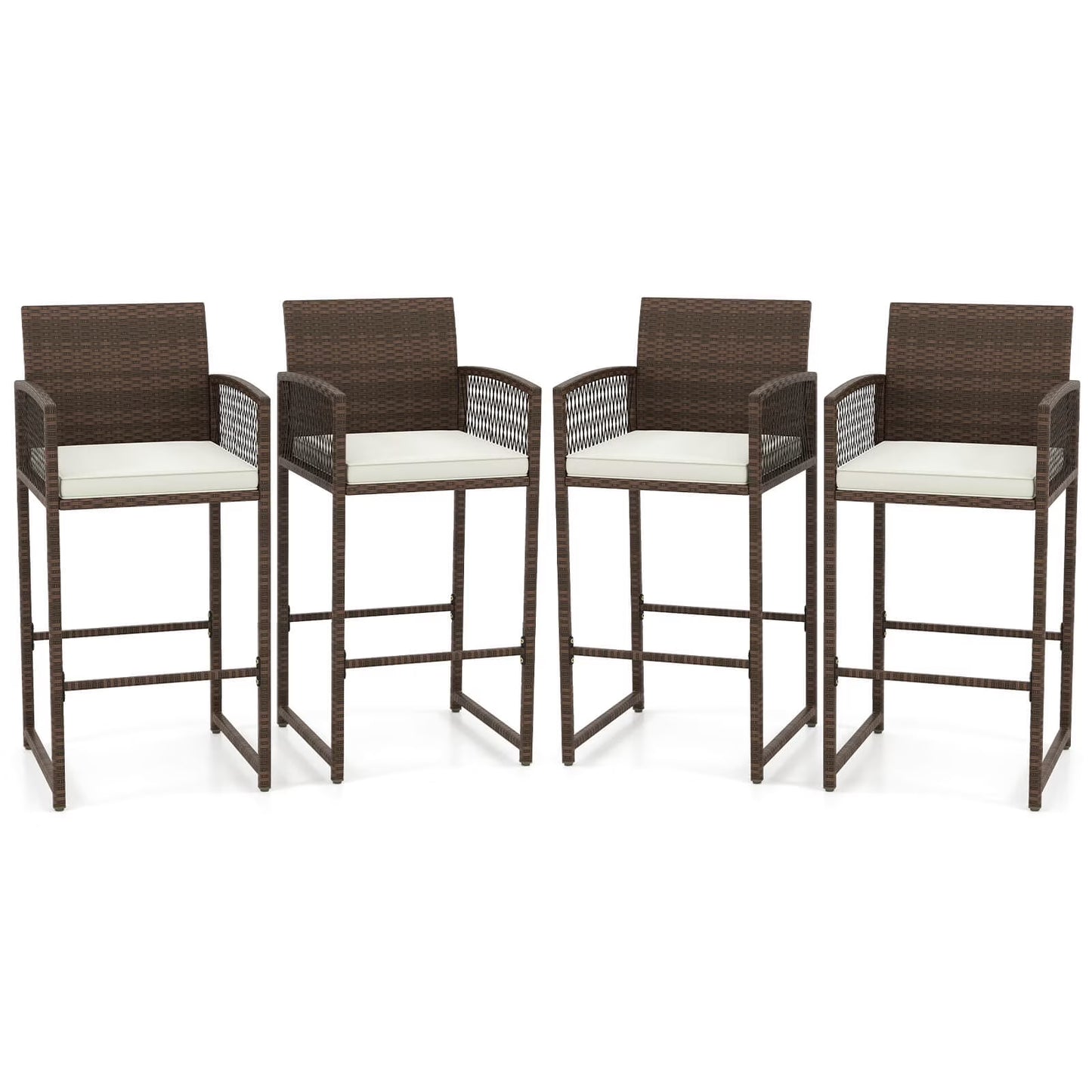 Costway Patio Bar Stools Set of 2 PE Rattan Bar Height Chairs with Backrests & Armrests