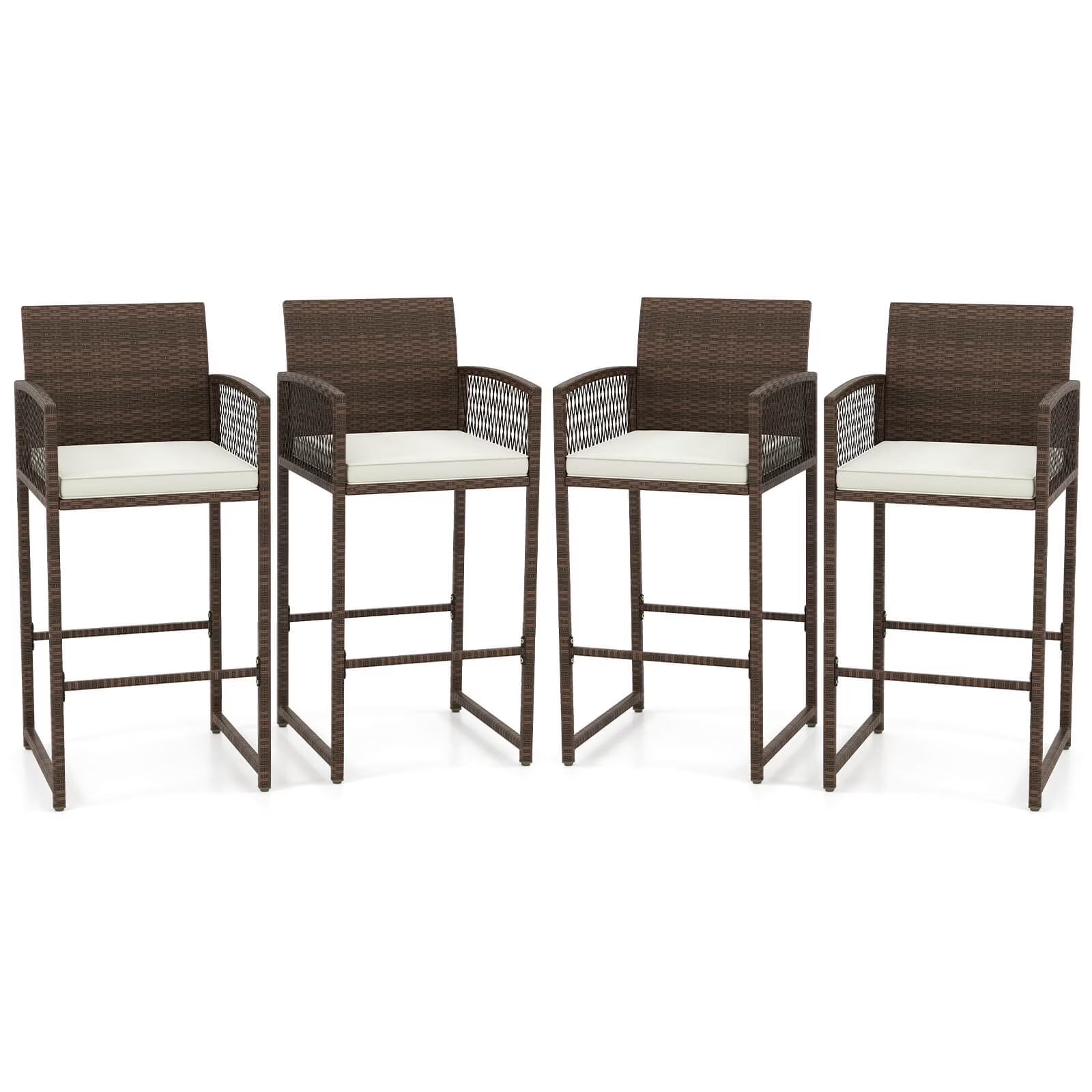 Costway Patio Bar Stools Set of 2 PE Rattan Bar Height Chairs with Backrests & Armrests