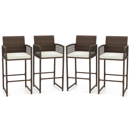Costway Patio Bar Stools Set of 2 PE Rattan Bar Height Chairs with Backrests & Armrests