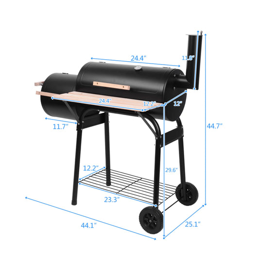 Barrel Charcoal Grill with Offset Smoker, BBQ Grill with Side Table and Wheels for Outdoor Camping, Garden, Patio and Backyard Barbecue Cooking, Black