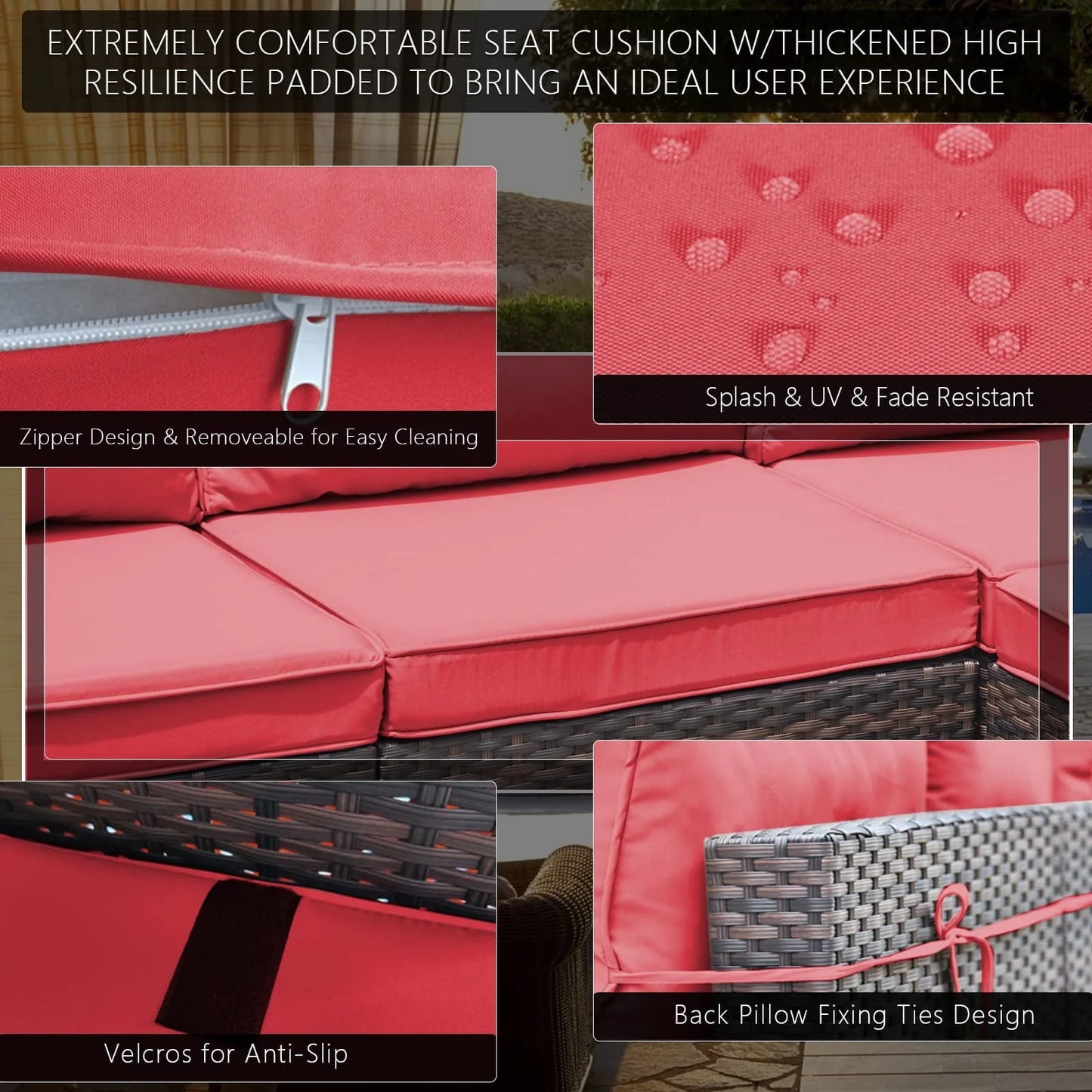 Gotland 7 Piece Outdoor Patio Furniture Set PE Rattan Wicker Patio Sectional Sofa Conversation Set(Red)
