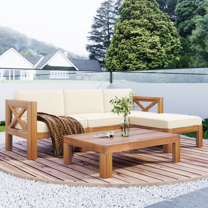 Harper & Bright Designs Outdoor Wooden Seating Group with Table, Patio Conversation Sectional Sofa Set with Waterproof Cushions for Backyard Poolside, Natural