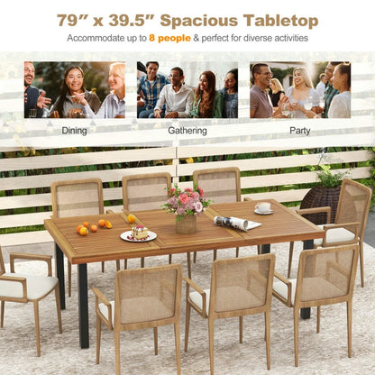 Spaco 8-Person Patio Table with 1.9 Inch Umbrella Hole, 79 Inch Acacia Wood Dining Table with Reinforced Metal Frame and Adjustable Foot Pads, Dining Table for Yard, Garden, Natural