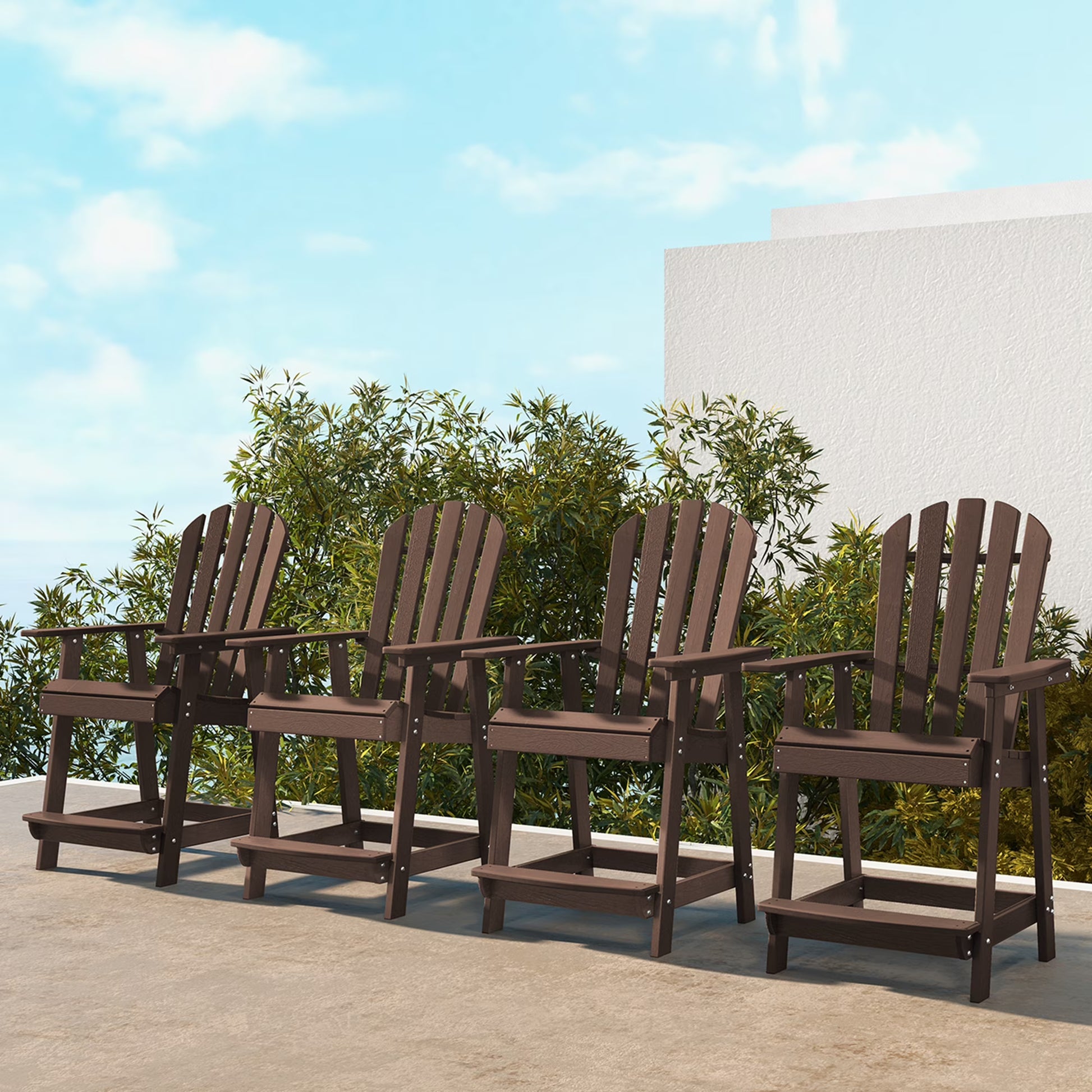 Costway 2 PCS Tall Bar Stool HDPE Patio Chair with Armrest Footrest Home Indoor Outdoor Brown