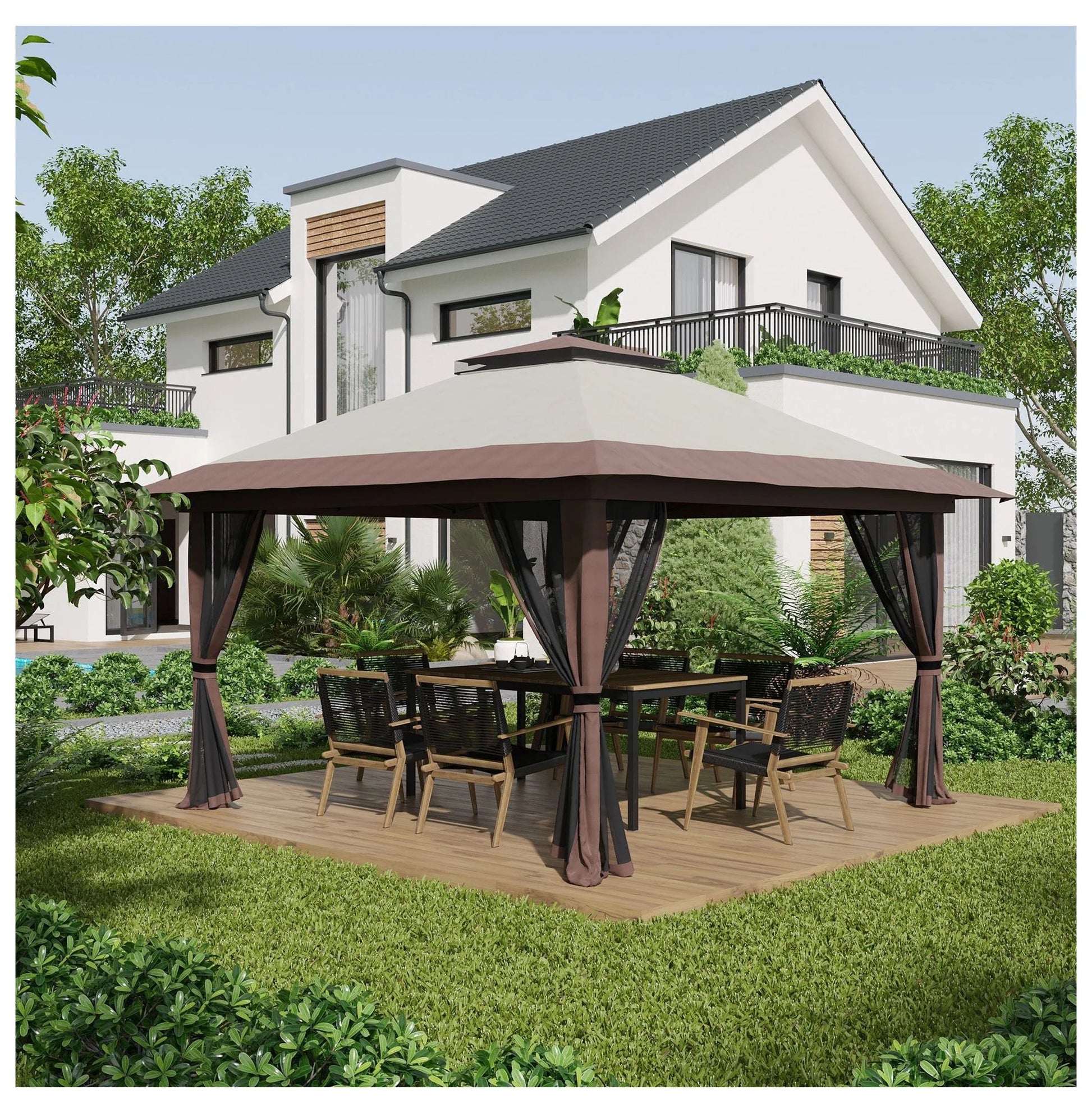 Pop Up Gazebo 13x13ft - Beige Patio Canopy Tent with Mesh Walls
