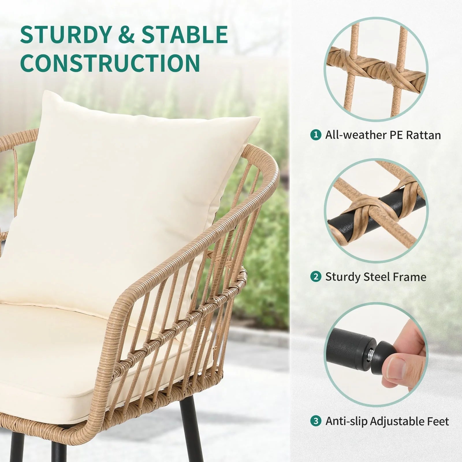 DEXTRUS 3-Piece Outdoor Patio Furniture Wicker Bistro Set with Soft Cushions