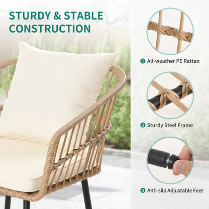 DEXTRUS 3-Piece Outdoor Patio Furniture Wicker Bistro Set with Soft Cushions